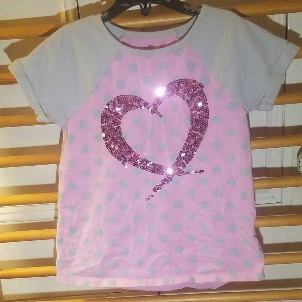 Lands' End Sequin Heart Top 7/8 Gray Pink Polkadot